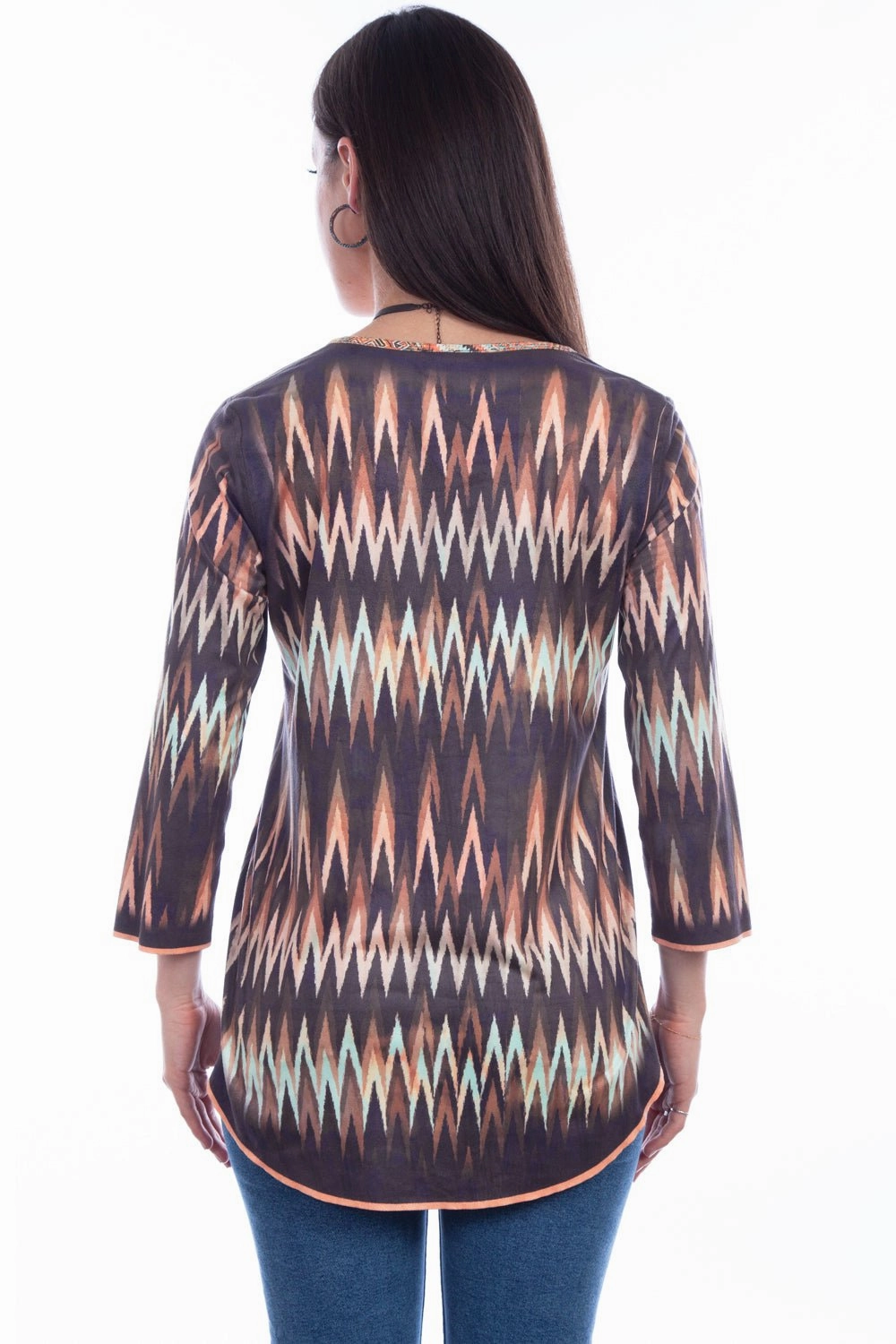 Easy Care Denim Blend Scully Womens Multi-Color Polyester Reversible Ikat S/S Tunic