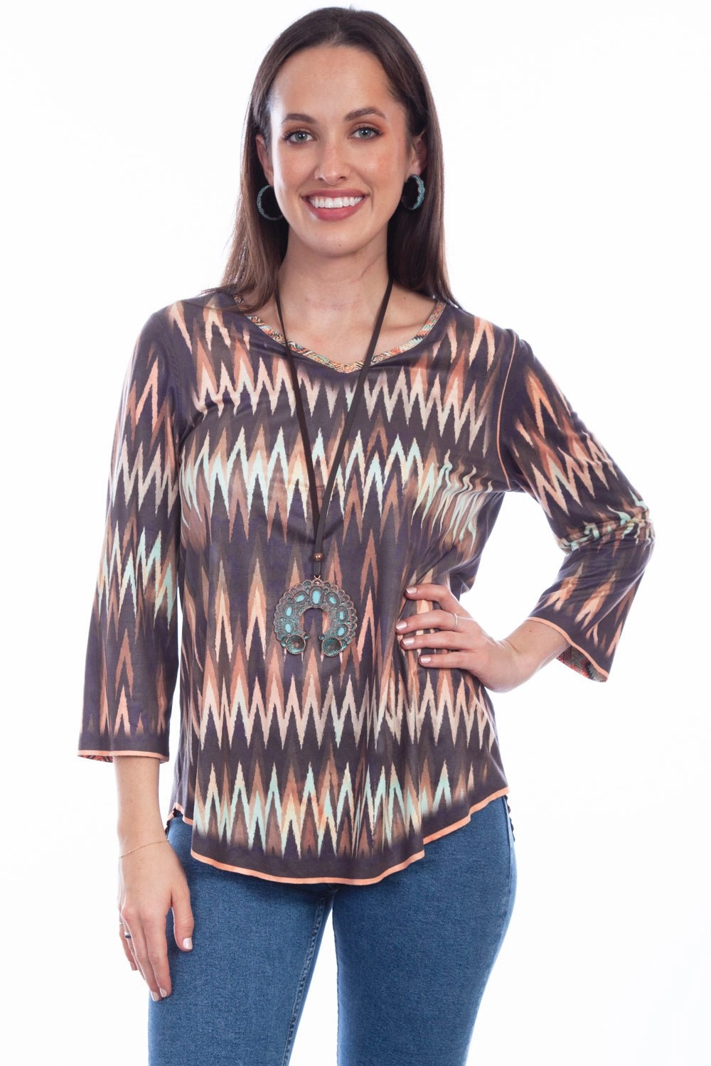 Scully Womens Multi-Color Polyester Reversible Ikat S/S Tunic Work-to-Weekend Earthy Hue