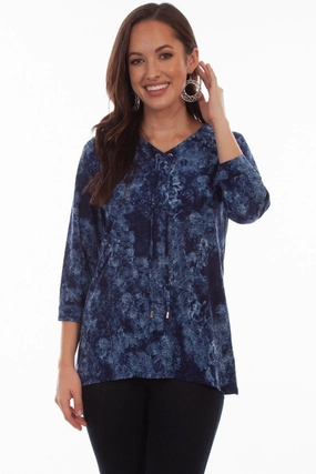 Scully Womens Navy Polyester Criss-Cross S/S Blouse Everyday Comfort