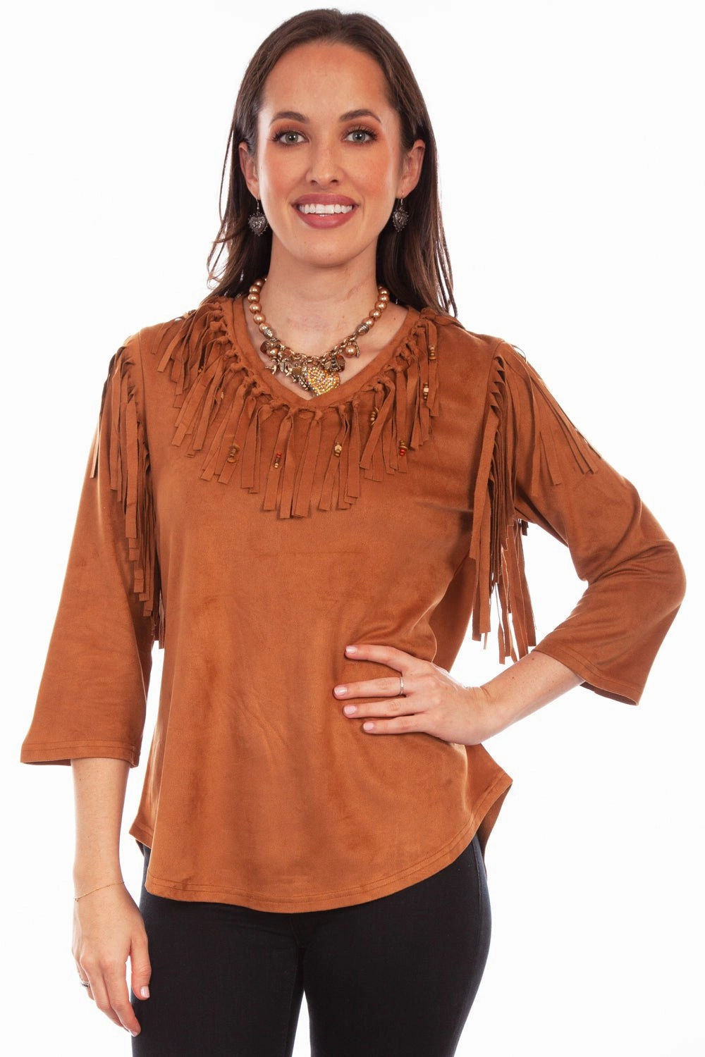 Seasonal Collection Tailored Style Scully Womens Pullover Fringe Brown Poly/Spandex S/S Tunic