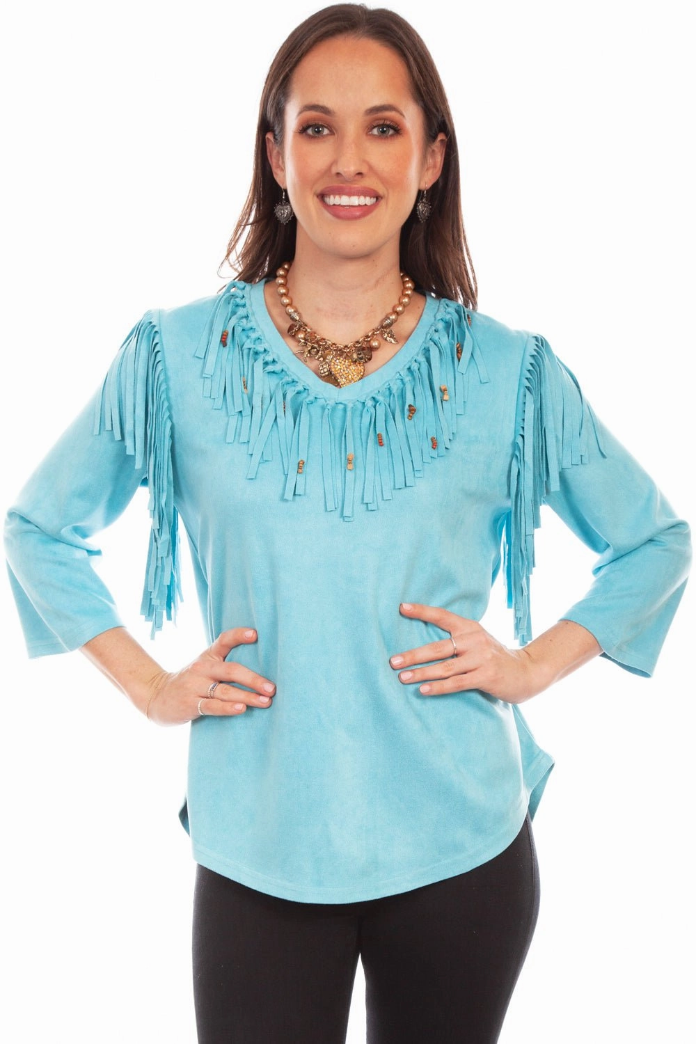 Scully Womens Pullover Fringe Turquoise Poly/Spandex S/S Tunic Breathable fabric Comfy Wear