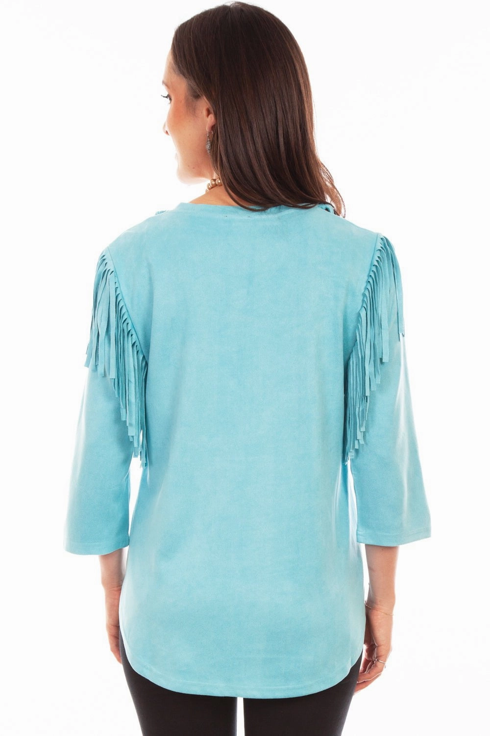 Scully Womens Pullover Fringe Turquoise Poly/Spandex S/S Tunic Casual Chic