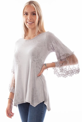 Scully Womens Tulle Crochet Silver Rayon S/S Blouse Trendy Outfit