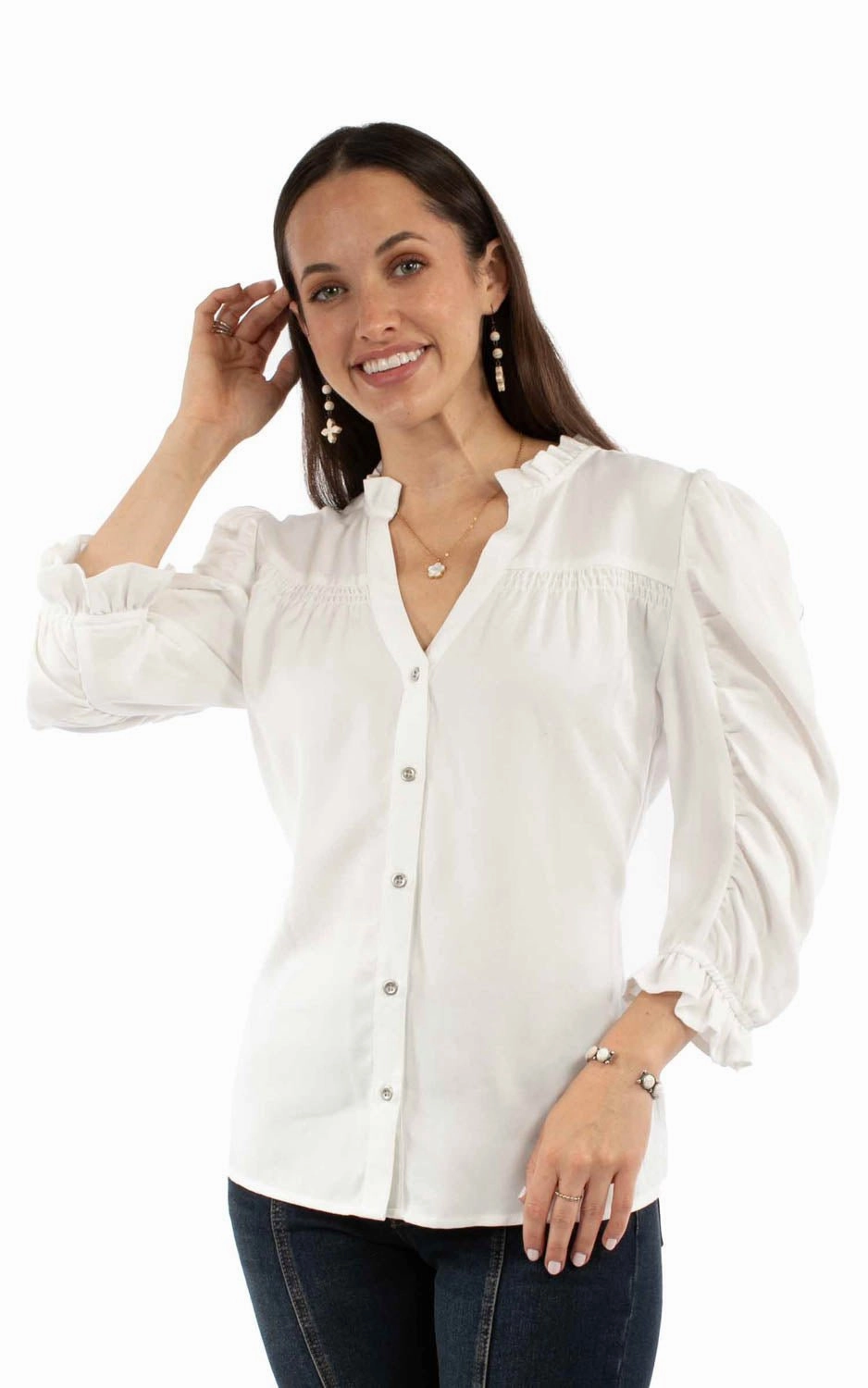 Scully Womens V-neck Ruffle Detail White Lyocell 3/4 Sleeve S/S Blouse Lace Accent Summer Outfit