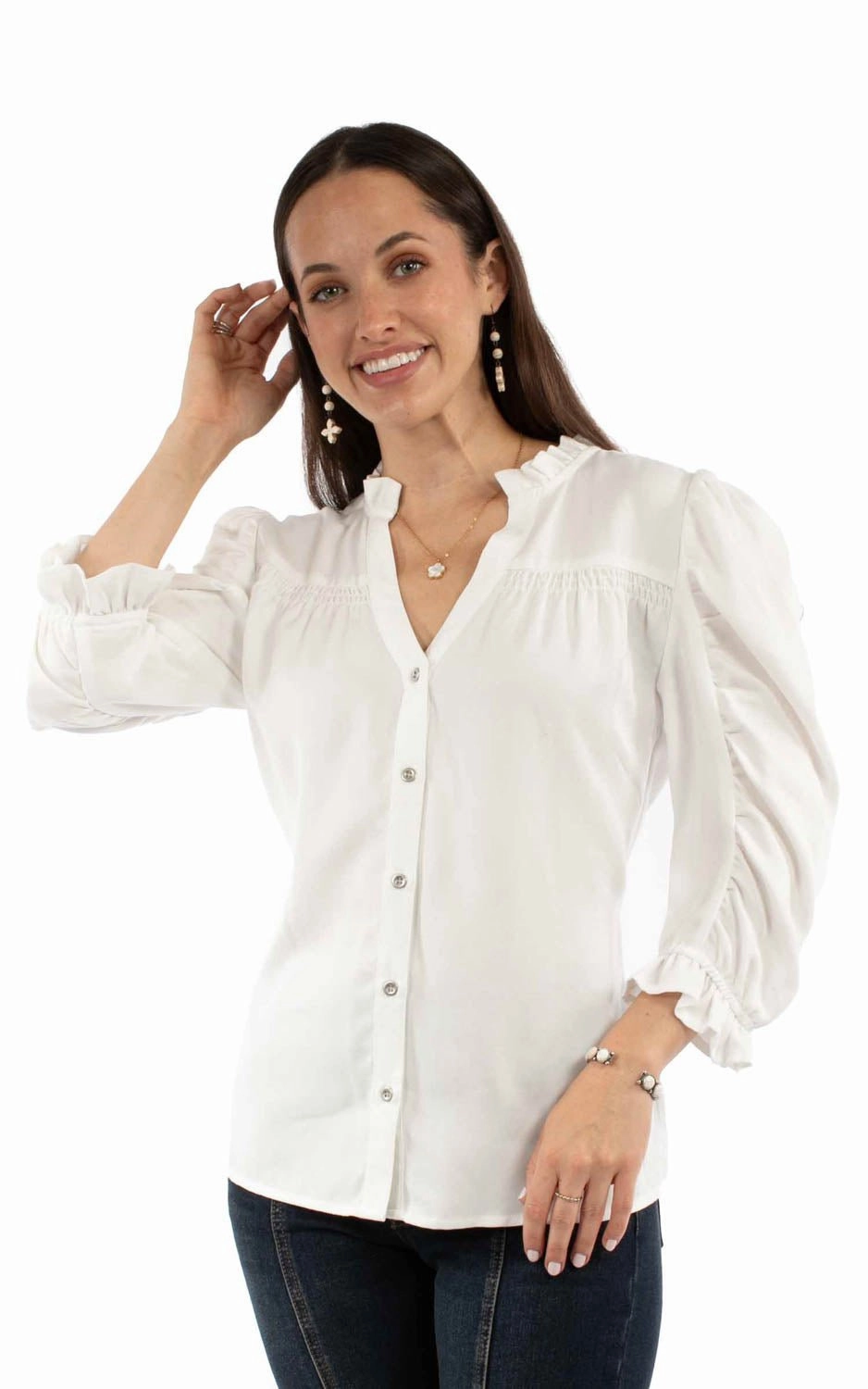 Scully Womens V-neck Ruffle Detail White Lyocell 3/4 Sleeve S/S Blouse Breathable back panel