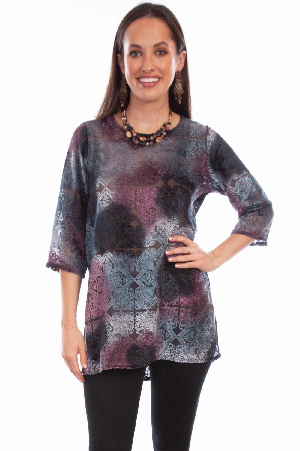 Scully Womens Velvety Pattern Bordeaux Nylon Viscose 3/4 Sleeve S/S Tunic Everyday Wear Printed design