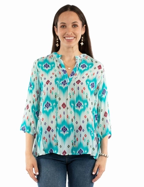 Scully Womens Vibrant Mandarin Collar Aqua Viscose 3/4 Sleeve S/S Blouse Modern Cut Comfort First Fit