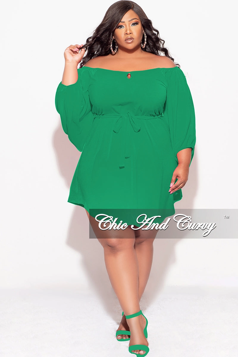 RipstopFabric Final Sale Plus Size Off the Shoulder Front Keyhole Mini Dress with Tie in Green