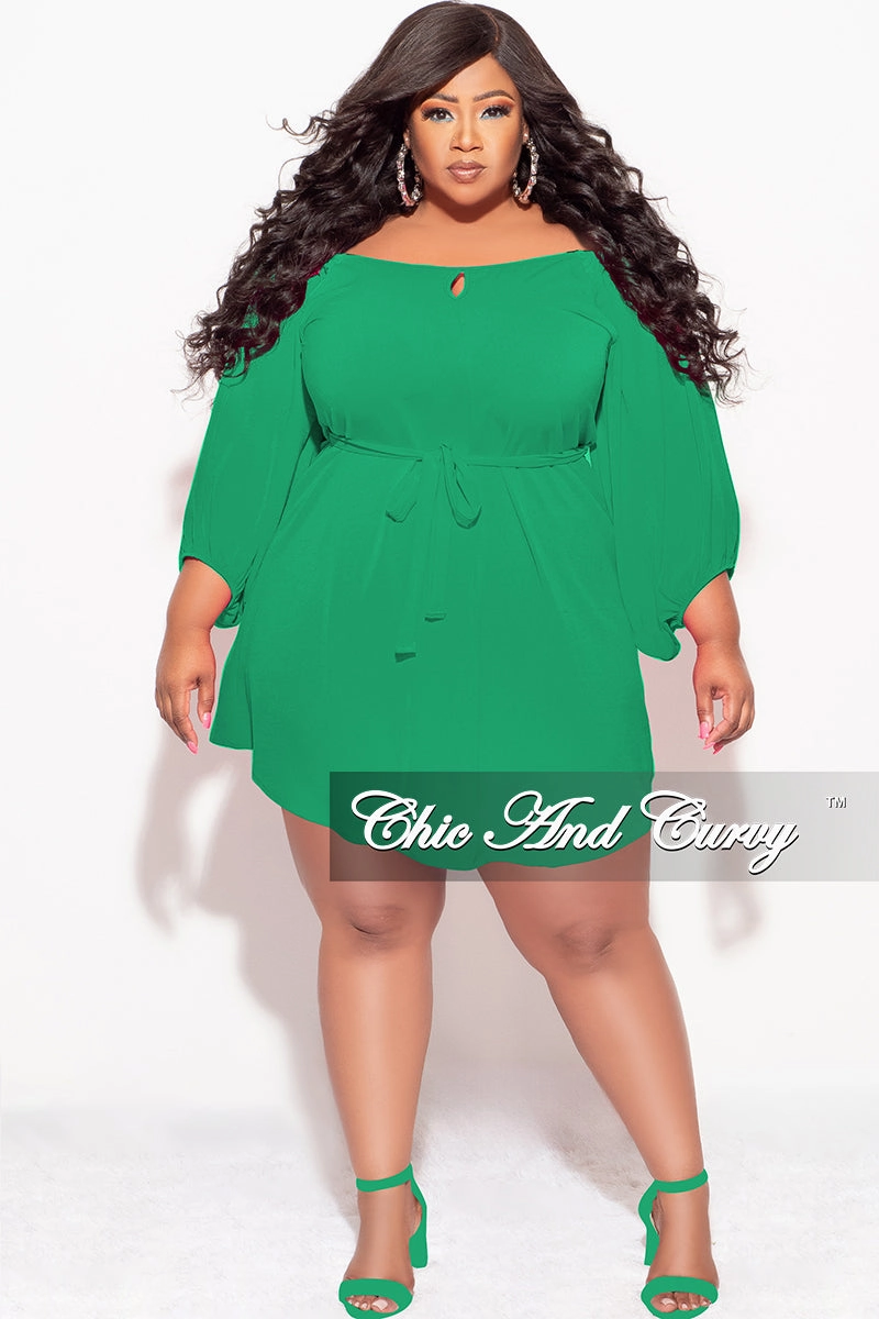 Final Sale Plus Size Off the Shoulder Front Keyhole Mini Dress with Tie in Green RegularFit