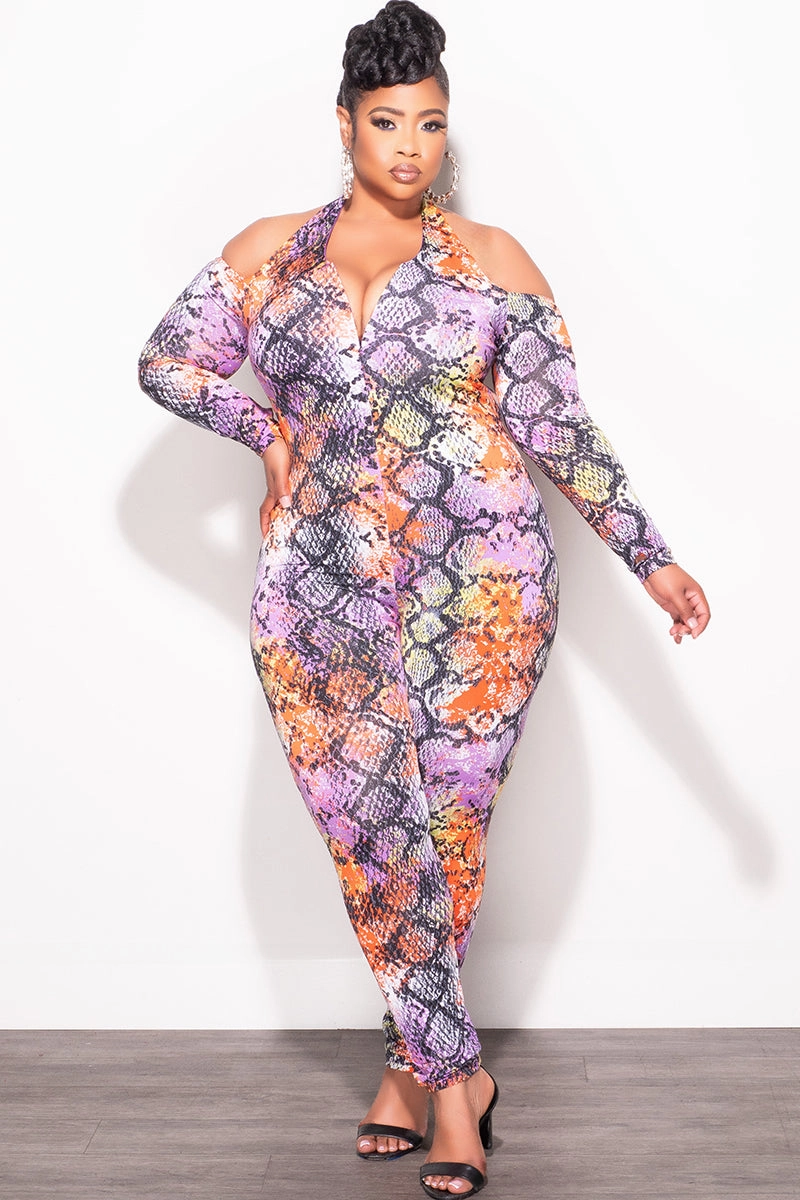 Body Shape Travel Ready Final Sale Plus Size Halter Jumpsuit in Multi-Color Snake Print