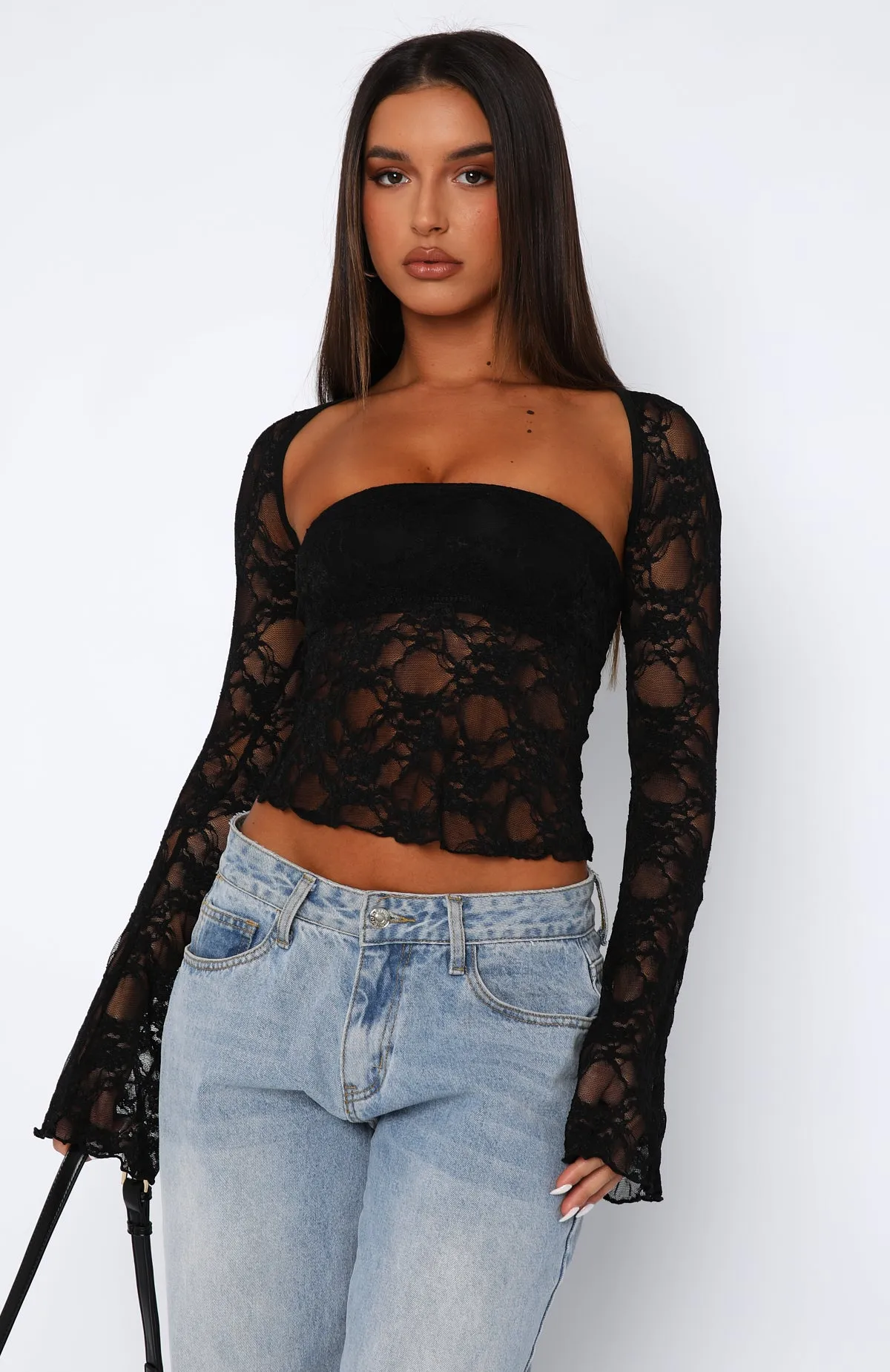 Curved Hemline Sweat Absorbing Lining Sweet Lovin' Lace Top Set Black