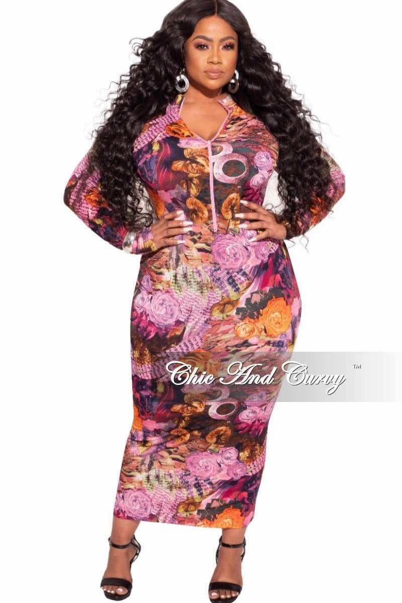 Contoured Panel Design All-Purpose Wear Final Sale Plus Size Bodycon Dress in Fuchsia Multi-Color Print