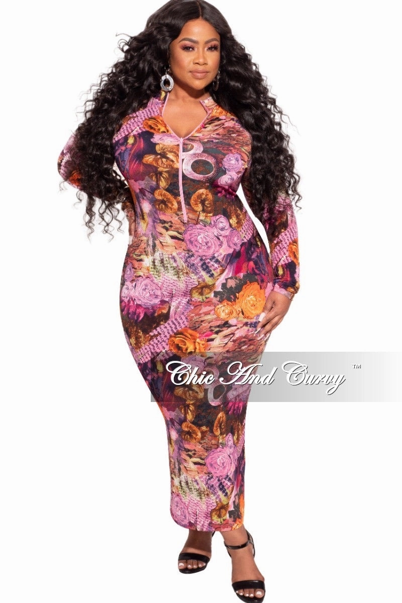 Daily Motion Final Sale Plus Size Bodycon Dress in Fuchsia Multi-Color Print