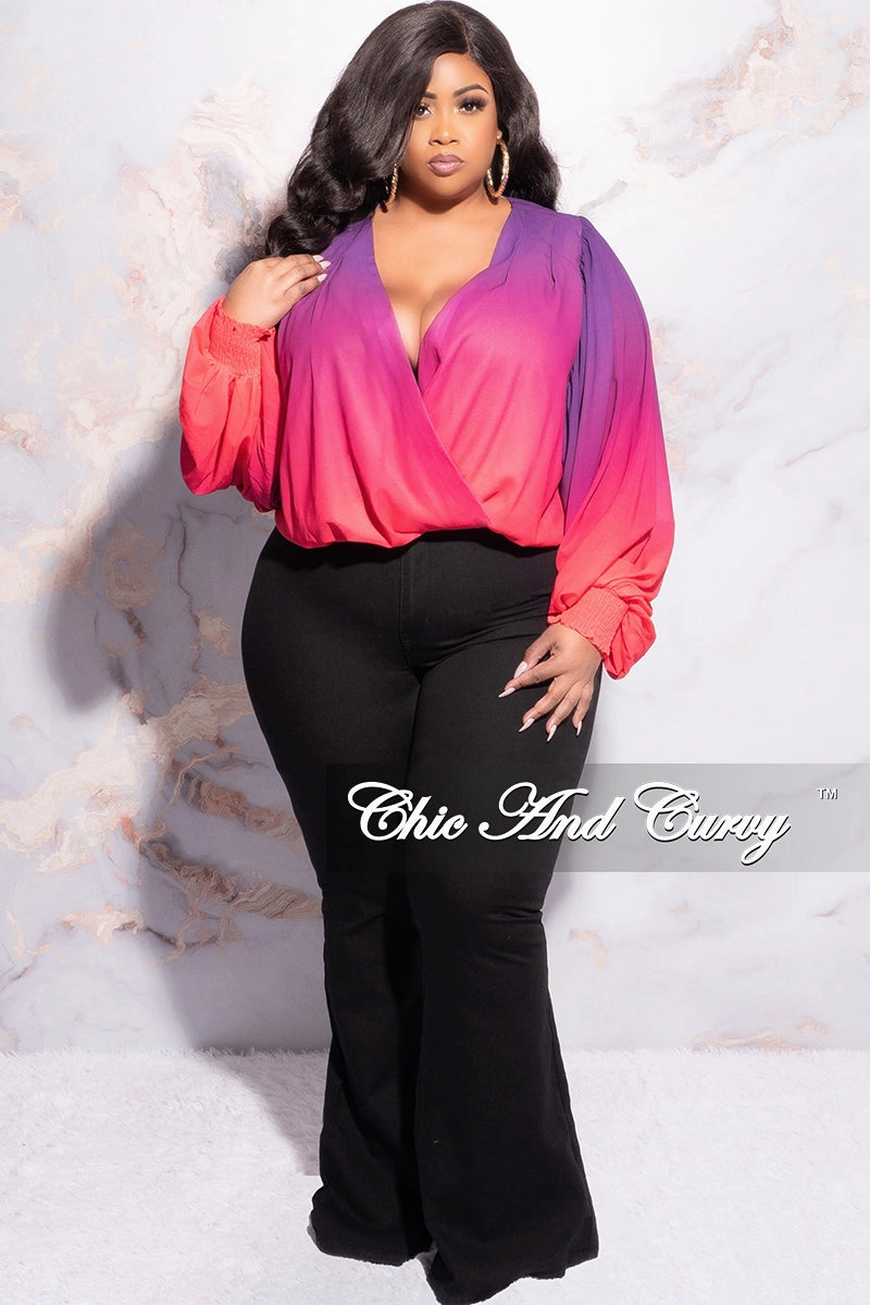 Final Sale Plus Size Chiffon Faux Wrap Blouse in Purple and Fuchsia Lightweight Feel