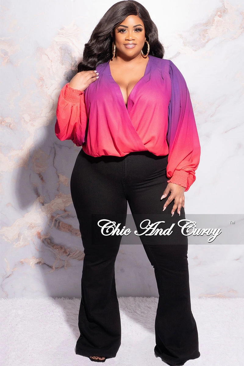 Final Sale Plus Size Chiffon Faux Wrap Blouse in Purple and Fuchsia StainResistantFinish Clean Fit