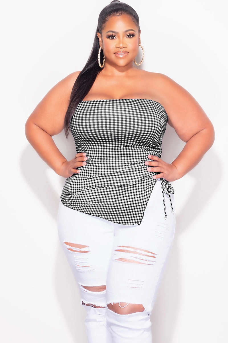 Freedom Motion All Use Final Sale Plus Size Gingham Tube Top with Drawstring Ruched Side in Black & White