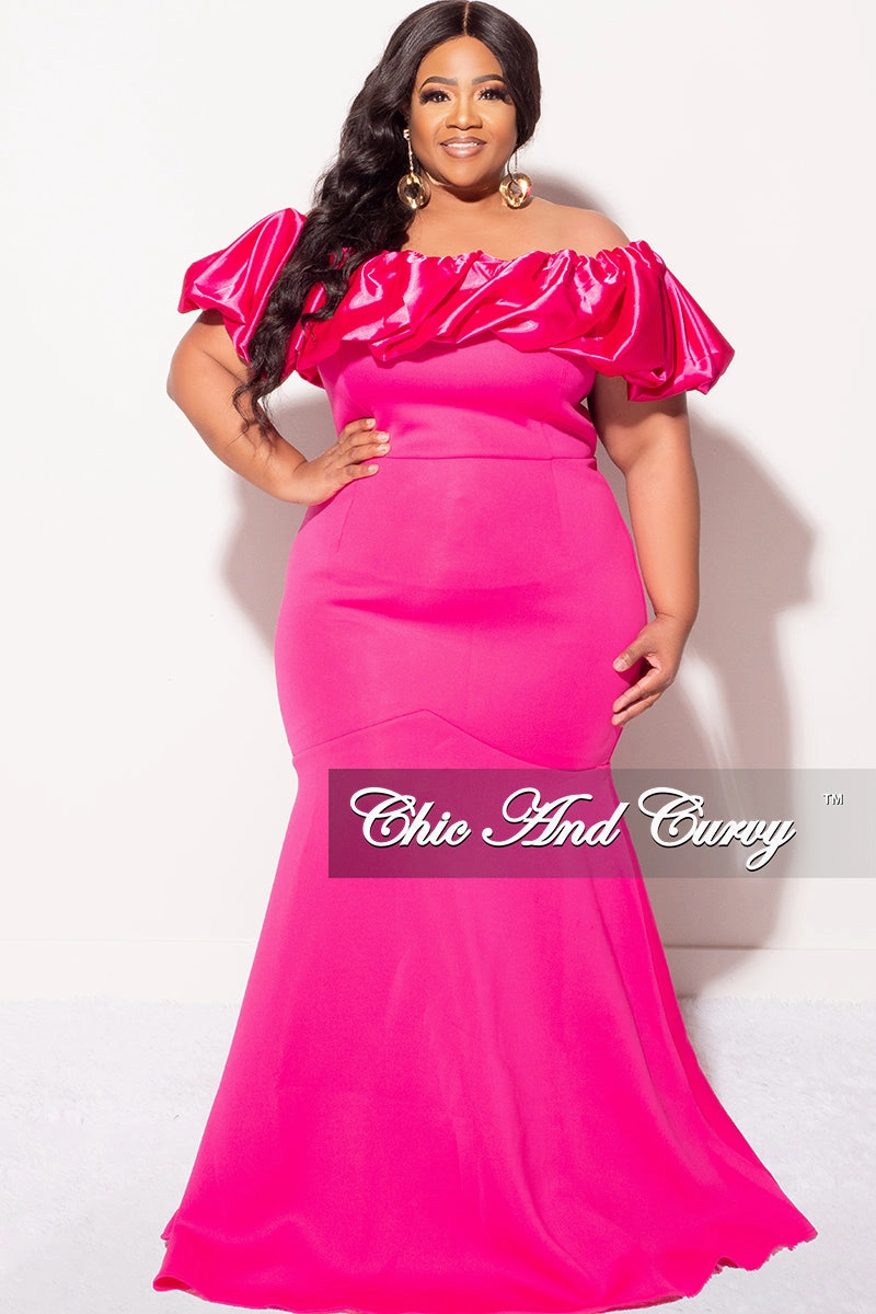 Final Sale Plus Size Scuba Off the Shoulder Satin Ruffle Long Gown in Fuchsia Scuba Fabric Structured Hemline Tough Flex