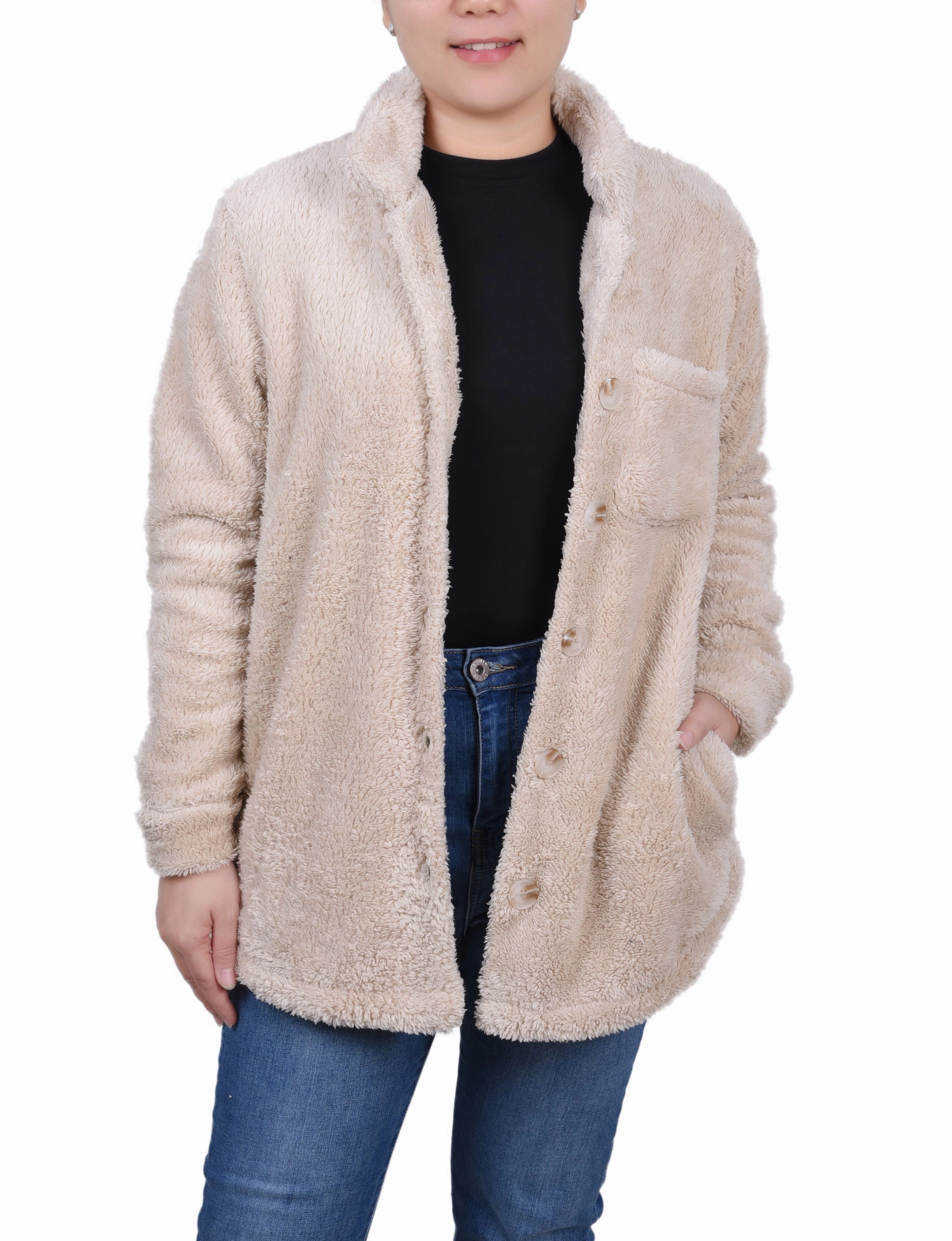 Petite Long Sleeve Button Front Sherpa Jacket AllClimateAdaptive