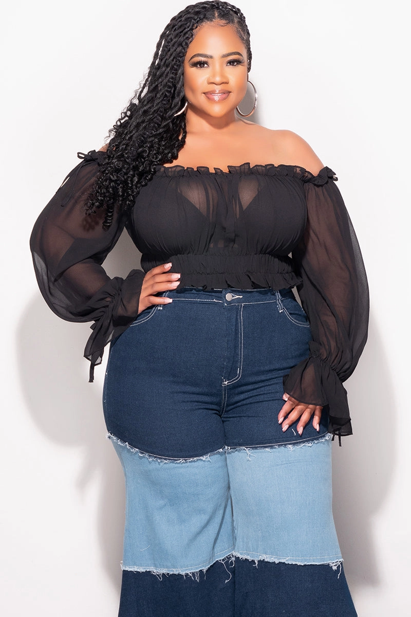Final Sale Plus Size Chiffon Sheer Balloon Sleeve Crop Top in Black Performance Design Fit Recyclable Fabric Blend