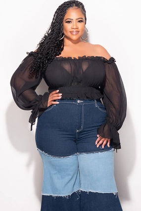 Final Sale Plus Size Chiffon Sheer Balloon Sleeve Crop Top in Black Performance Design Fit Recyclable Fabric Blend