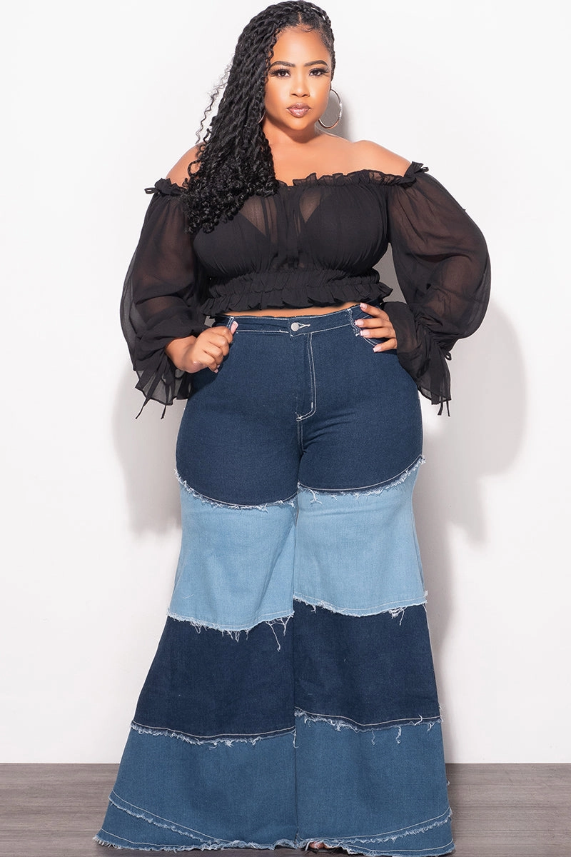 Final Sale Plus Size Chiffon Sheer Balloon Sleeve Crop Top in Black Flexible Comfort Wear