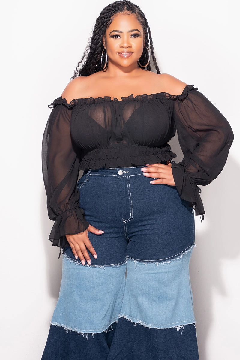 Final Sale Plus Size Chiffon Sheer Balloon Sleeve Crop Top in Black Comfort Wear Basic Utility
