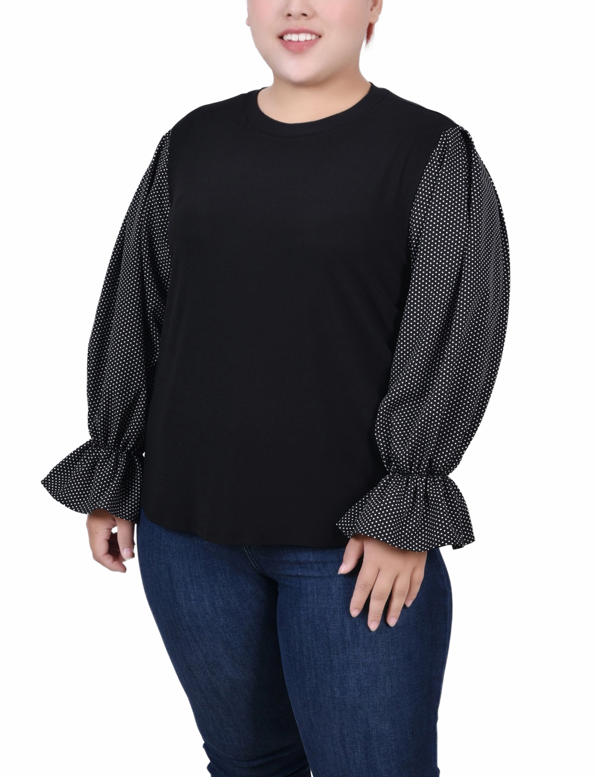 Plus Size Long Sleeve Top With Printed Sleeves Multipanel Construction YarnBlend