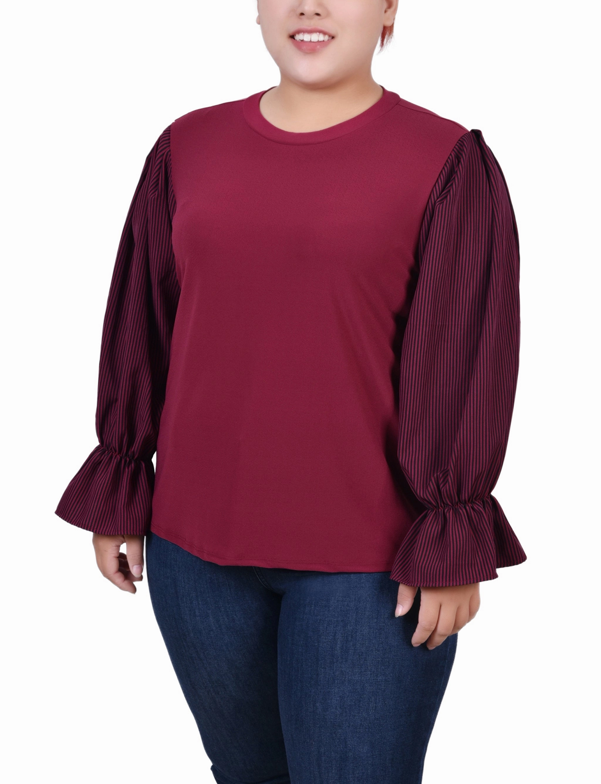Plus Size Long Sleeve Top With Printed Sleeves Antimicrobial Treatment Full Coverage Fit