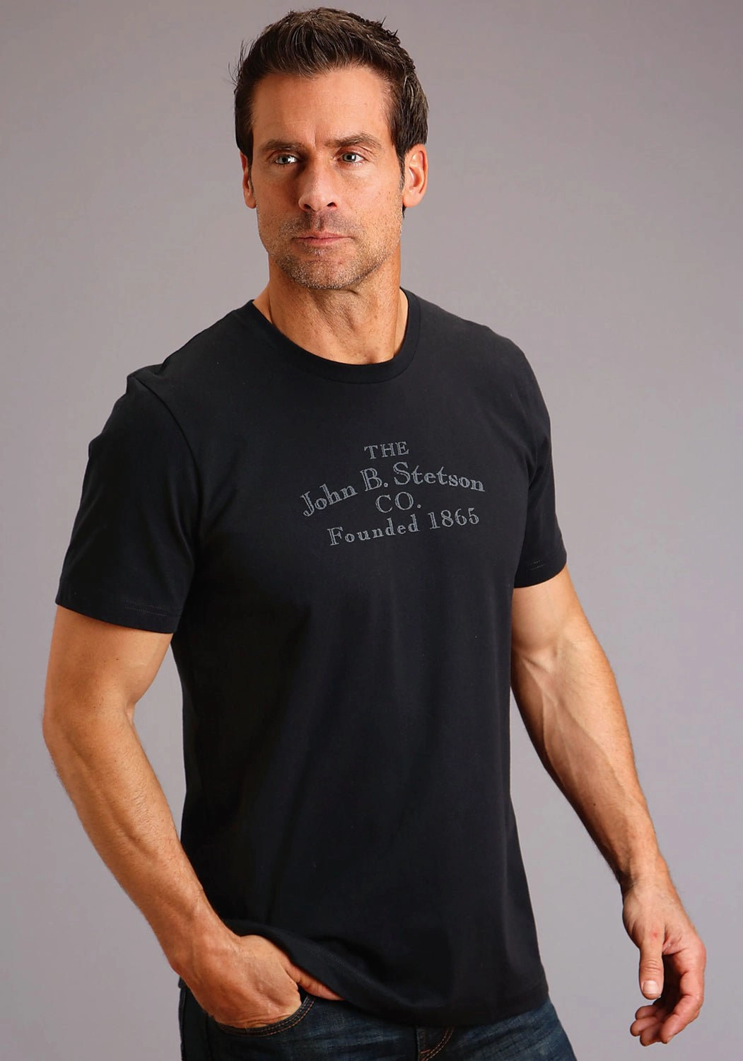 Stetson Mens Black 100% Cotton Founded Logo S/S T-Shirt Fashion-Forward Military Inspired