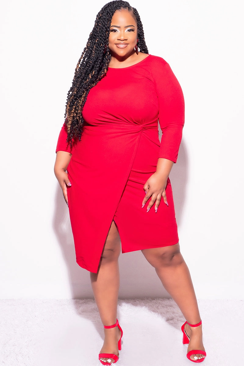 Final Sale Plus Size Long Sleeve Side Knot Wrap Midi Dress in Red Stay Active