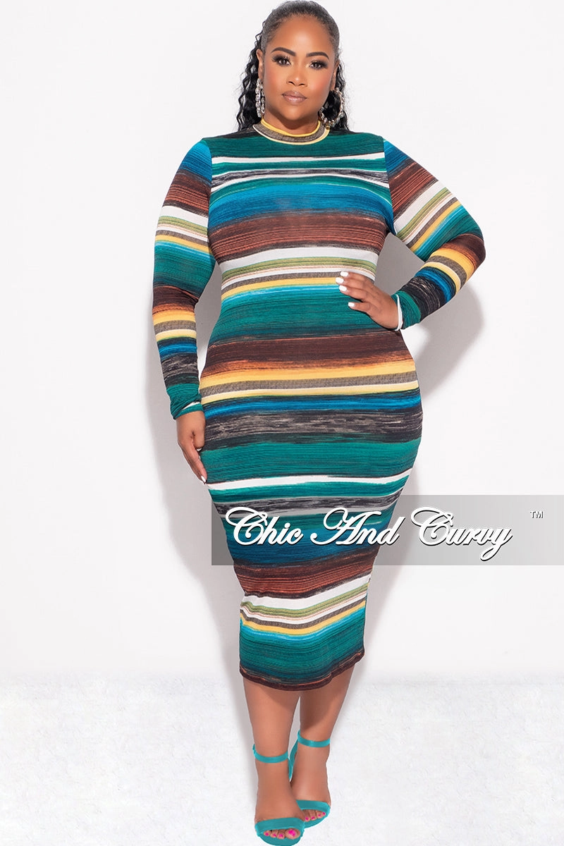 Quick Dry Fabric Effortless Layer Final Sale Plus Size BodyCon Dress in Green Brown and Mustard Stripe Print