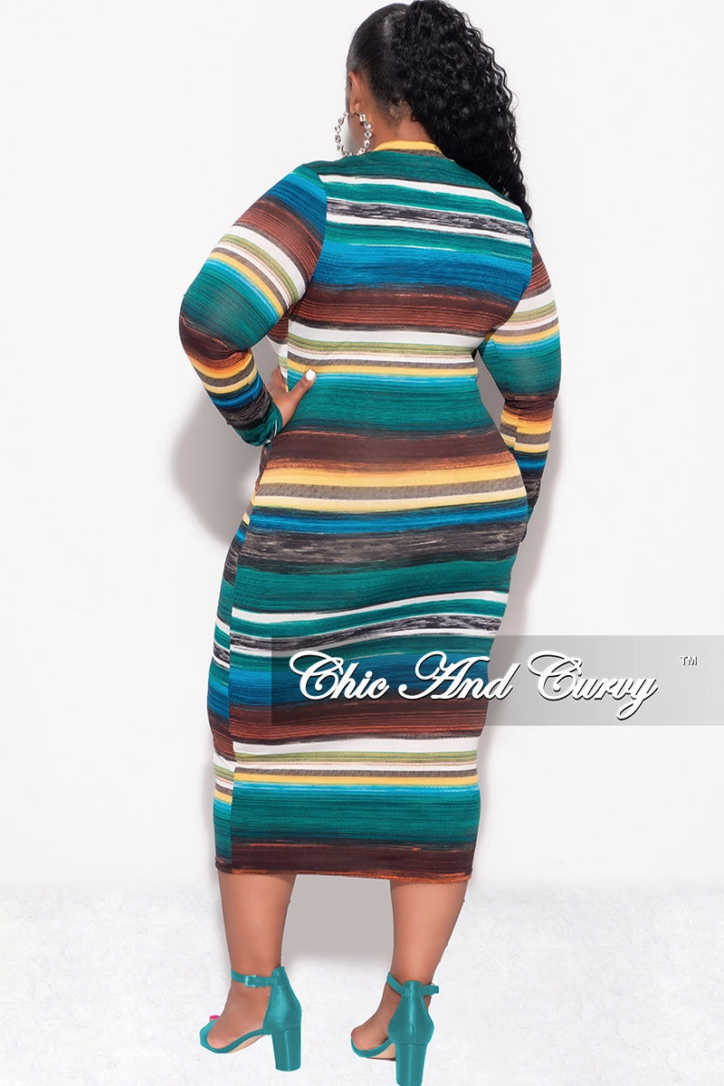 Final Sale Plus Size BodyCon Dress in Green Brown and Mustard Stripe Print Durable Waistband