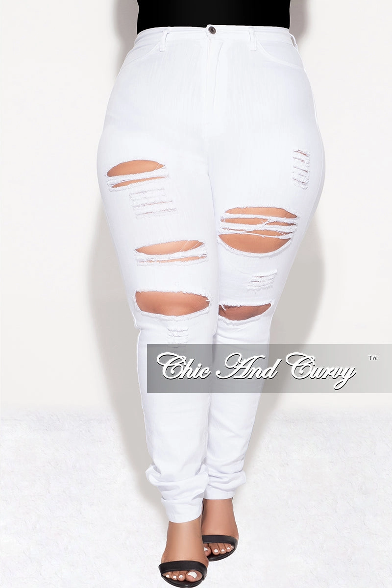 Final Sale Plus Size Denim Jeans with Ripped Front in White High Durability Thread FrictionResistantEdging