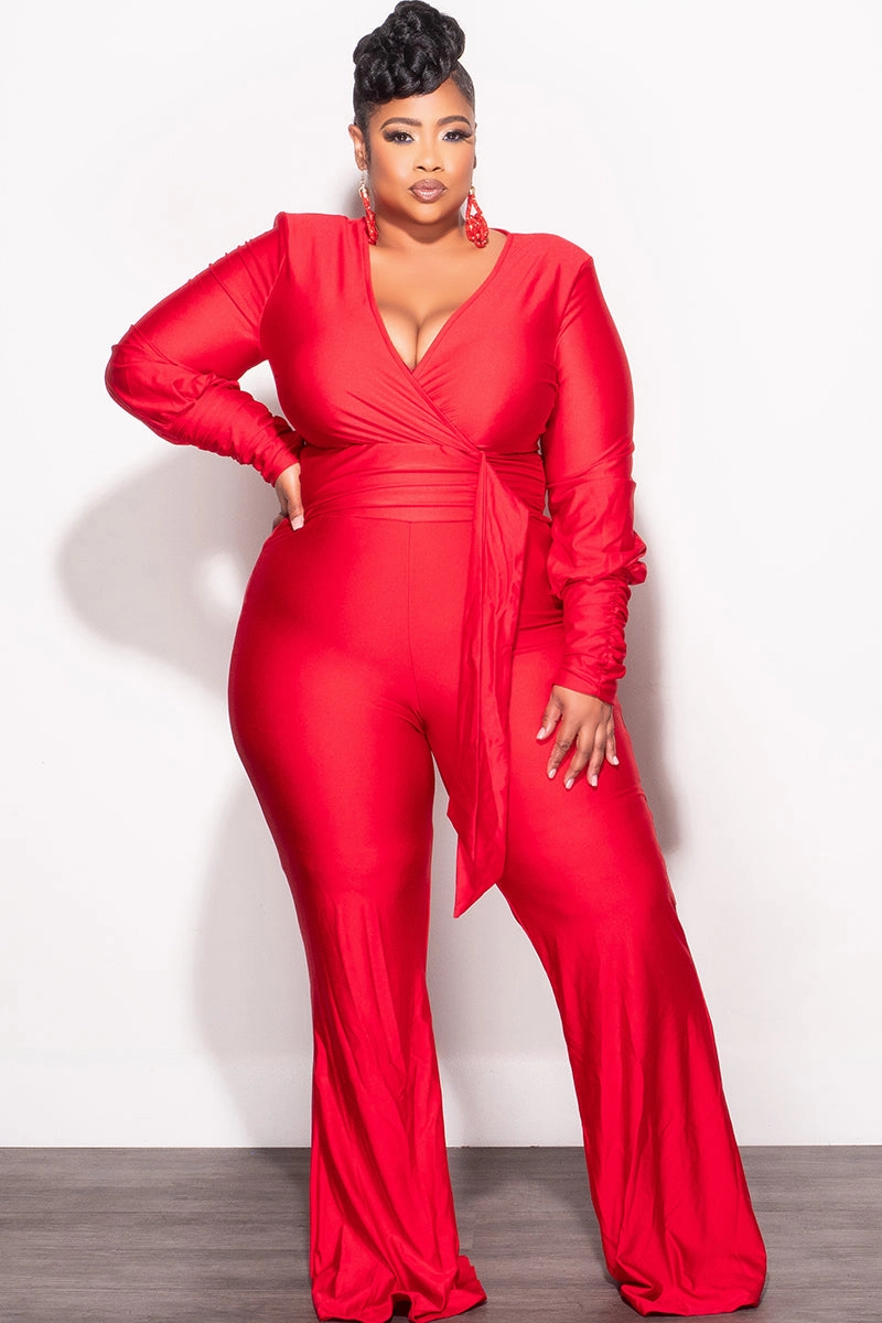 Final Sale Plus Size Faux Wrap Ruched Sleeve Shiny Jumpsuit in Red Button front