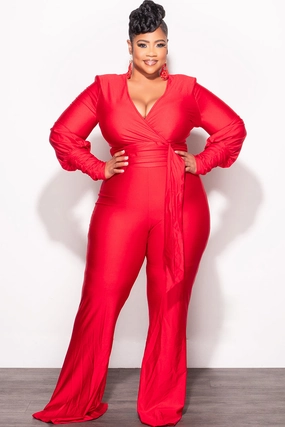 Final Sale Plus Size Faux Wrap Ruched Sleeve Shiny Jumpsuit in Red Comfortable Layers Sweat Wicking Lining