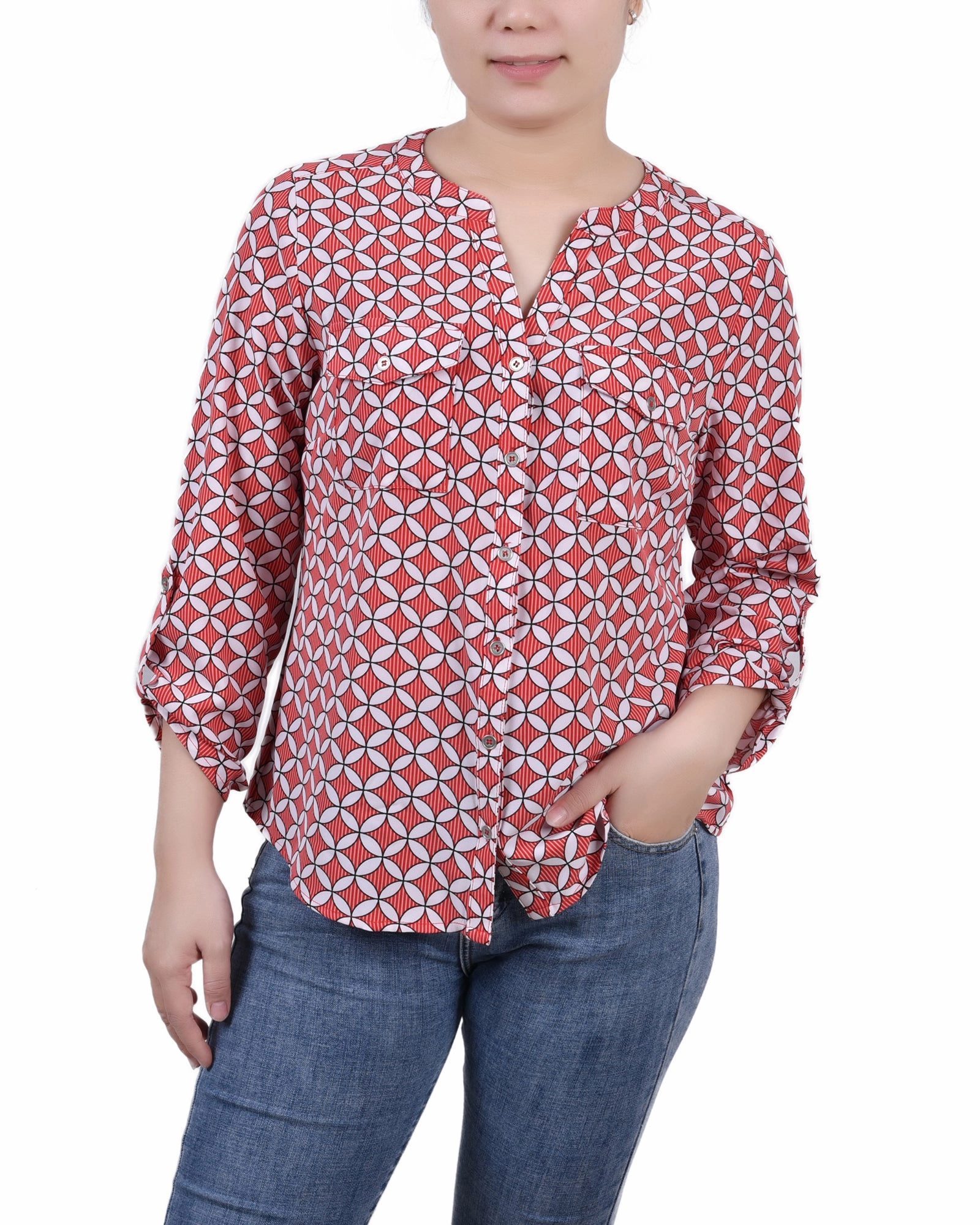 Sandwich Mesh Panel Structure Petite 3/4 Sleeve Roll Tab Y Neck Blouse