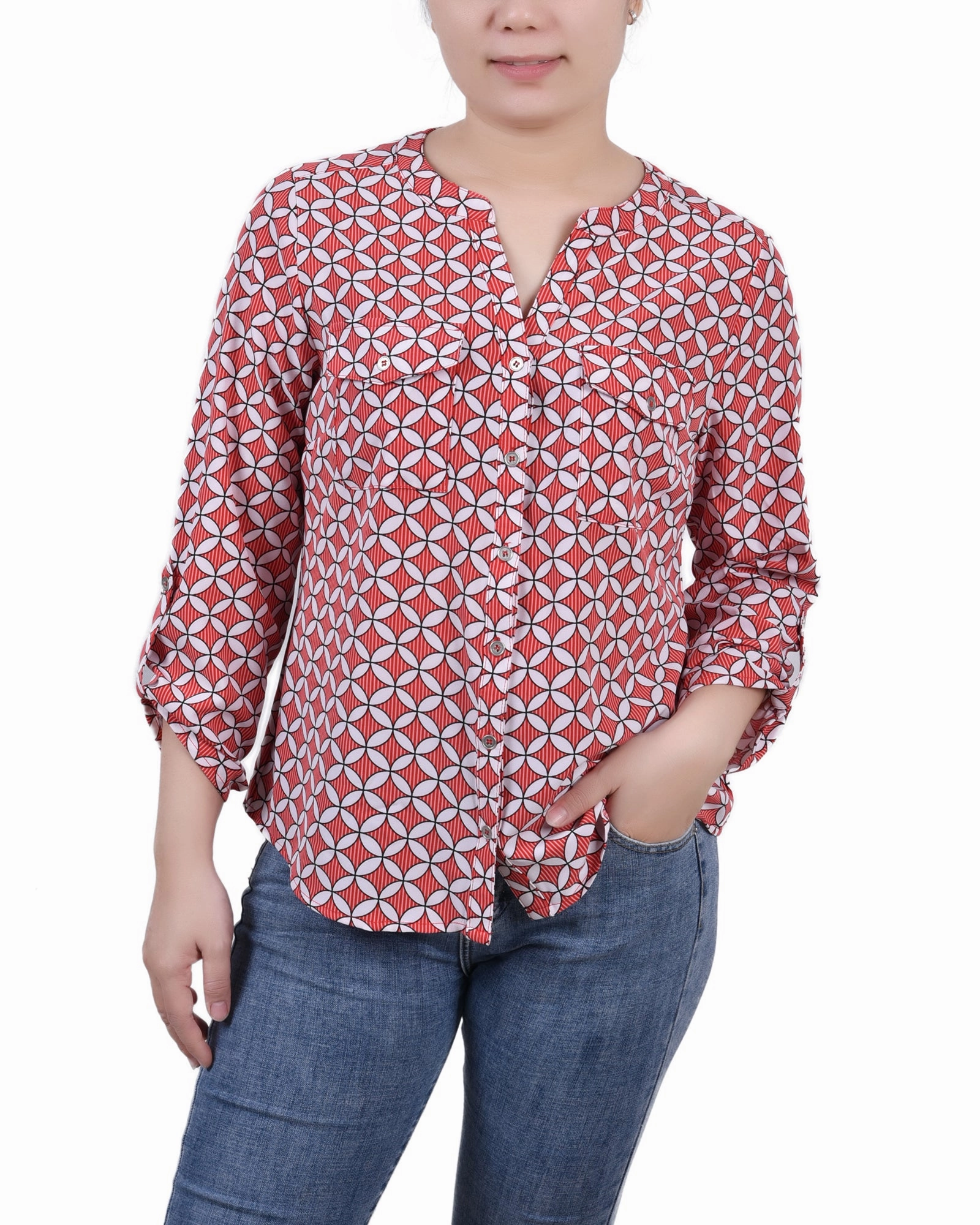 Snag Free Fabric Petite 3/4 Sleeve Roll Tab Y Neck Blouse