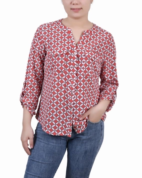 Snag Free Fabric Petite 3/4 Sleeve Roll Tab Y Neck Blouse