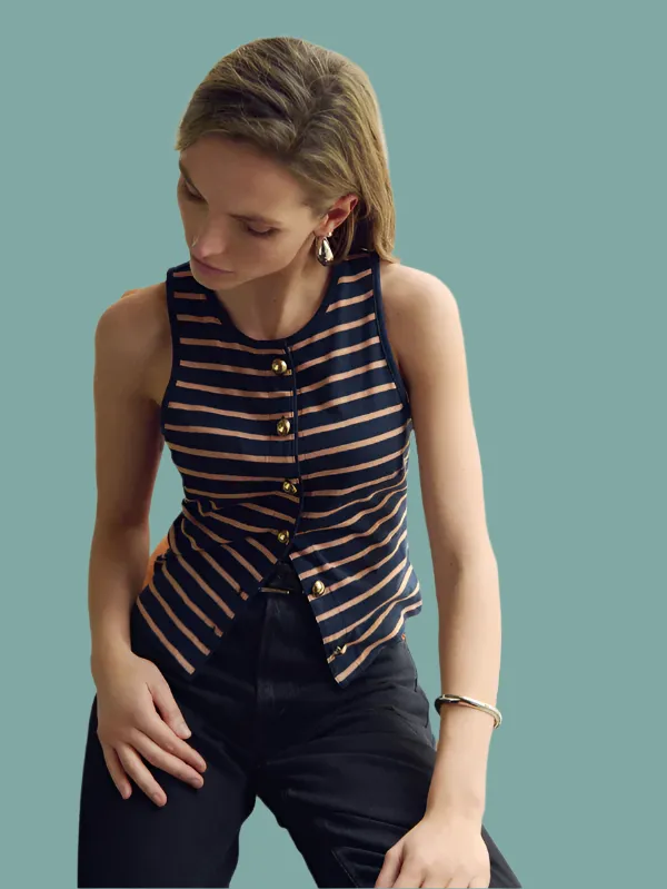 Abbie Tank - Latte Stripe Seamless Bonding Anti Chafing Design