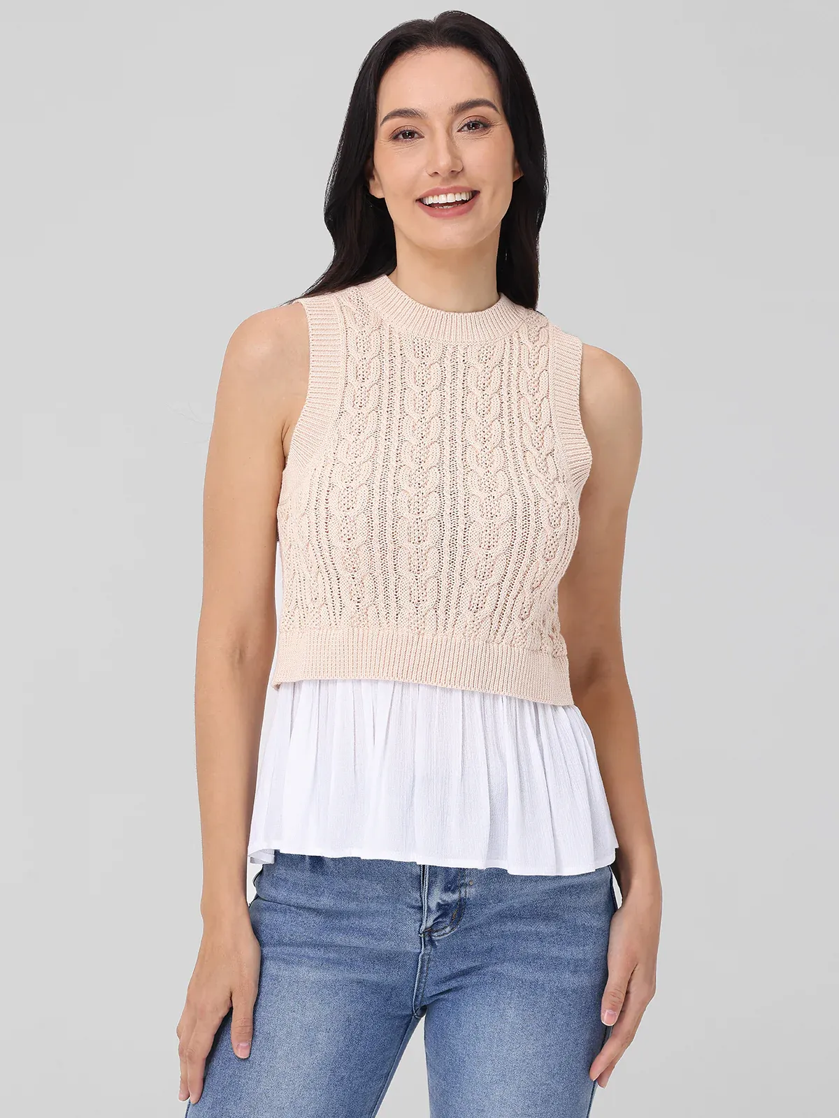 Ultra Soft Handfeel FlexibleElasticatedEdging Camilia Mixed Media Top