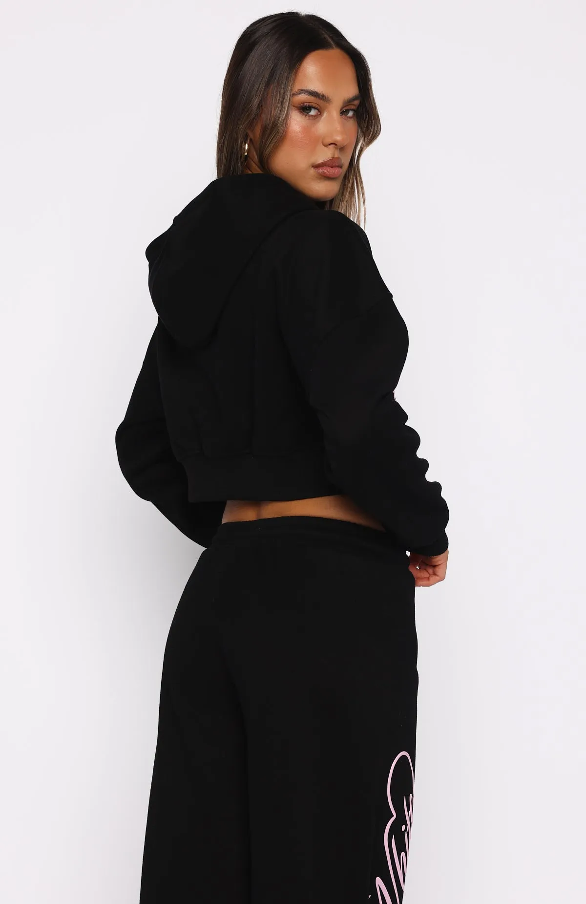 Love You Regardless Cropped Zip Front Hoodie Black Urban Fashion Cold Layer