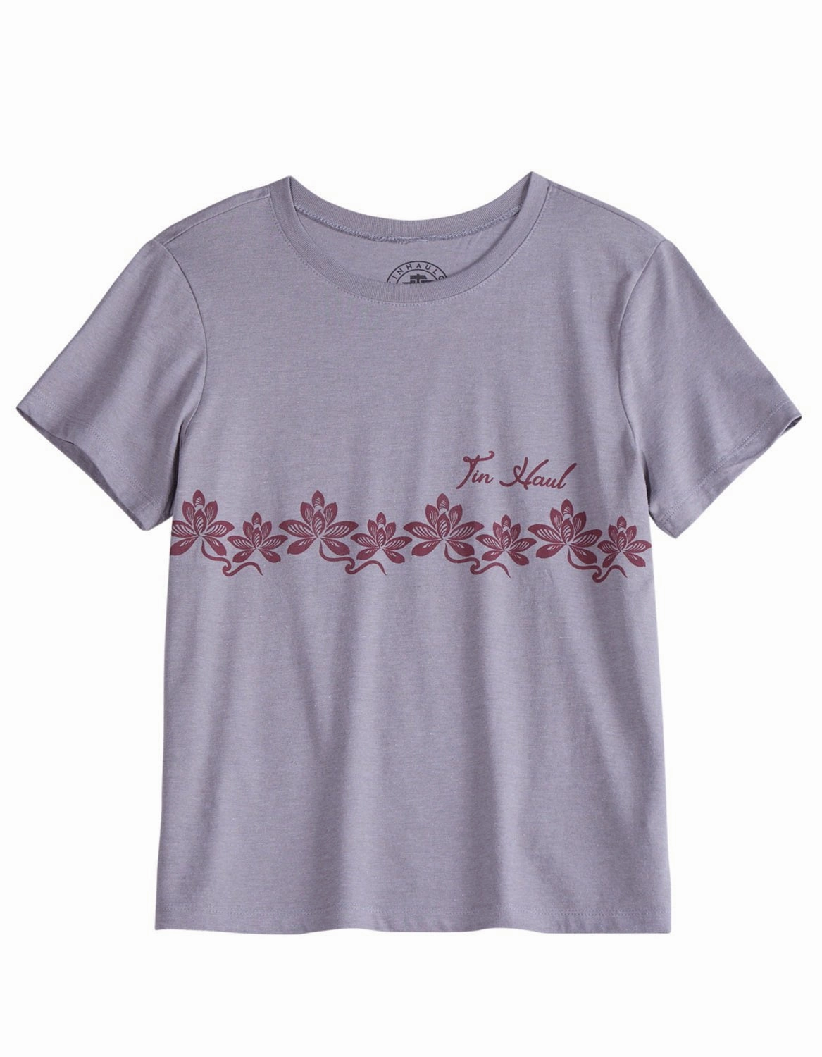Tin Haul Womens Floral Border Grey Cotton Blend S/S T-Shirt Two Tone Stitching Perfect Layer