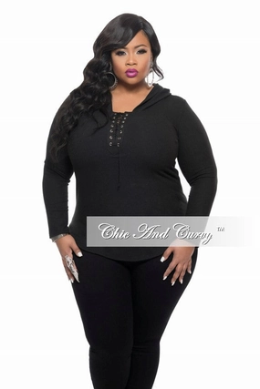 Hypoallergenic fabric Final Sale Plus Size Lace Up Top with Long Sleeves in Black