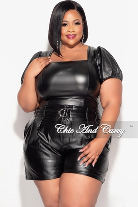 Final Sale Plus Size Puffed Sleeve Faux Leather Top in Black Performance Comfort Light Shape
