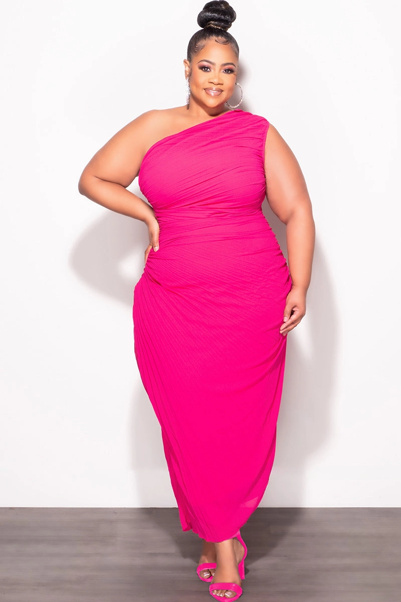 Perfect Fit Wear Final Sale Plus Size Sheer Chiffon One Shoulder Midi Dress with Ruched Sides in Pink