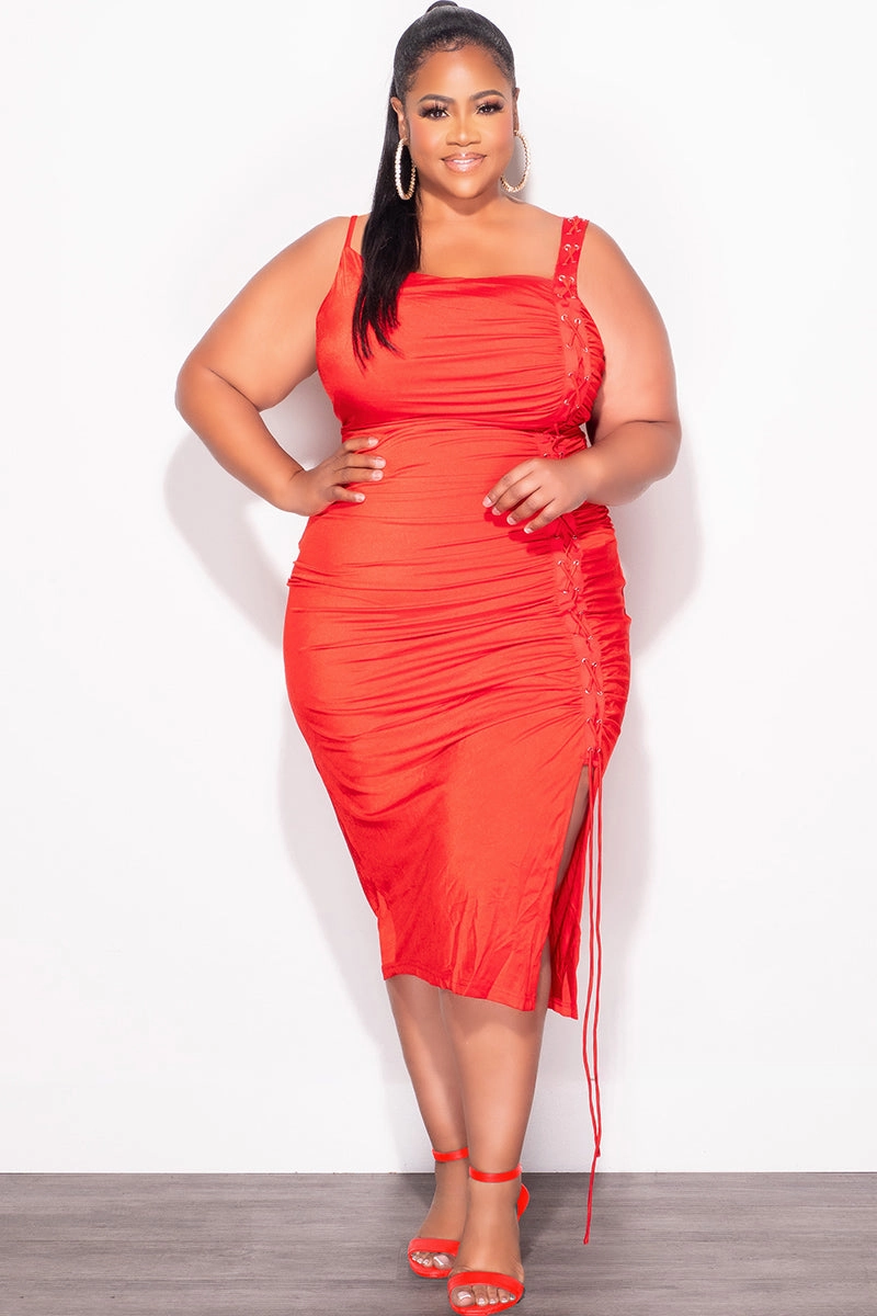 Final Sale Plus Size Shiny Spaghetti Straps Lace Up Detail Dress in Red AntiStaticFinish Wrinkle Resistant Finish