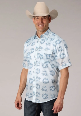 No Bulk Layering System Vintage Wash Roper Mens 2066 Multi Floral Blue Cotton Blend S/S Shirt