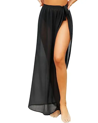 Semi Sheer Swimsuit Wrap Skirt Coverups For Women-Black