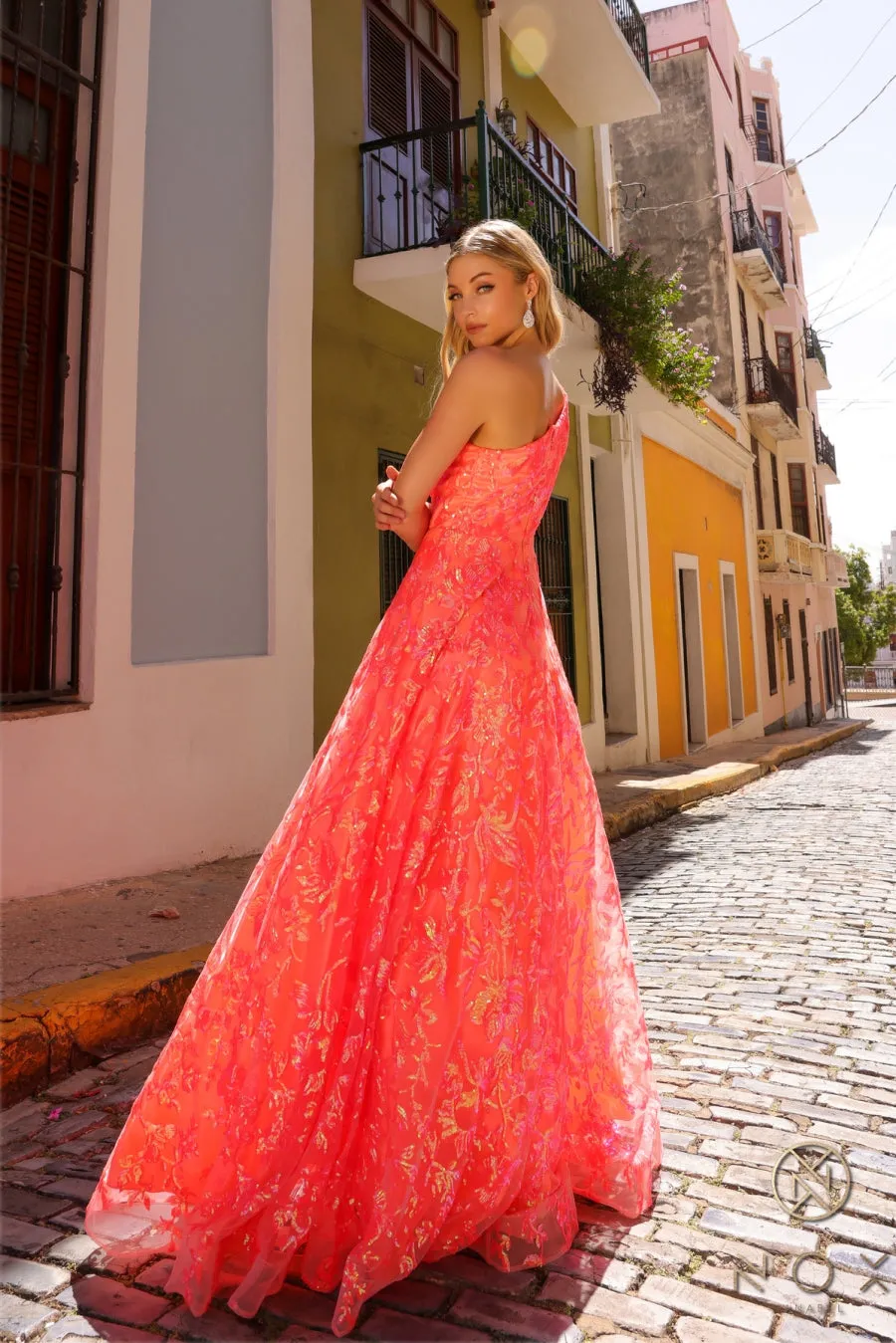 Sequin Print One Shoulder Ball Dress_R1305