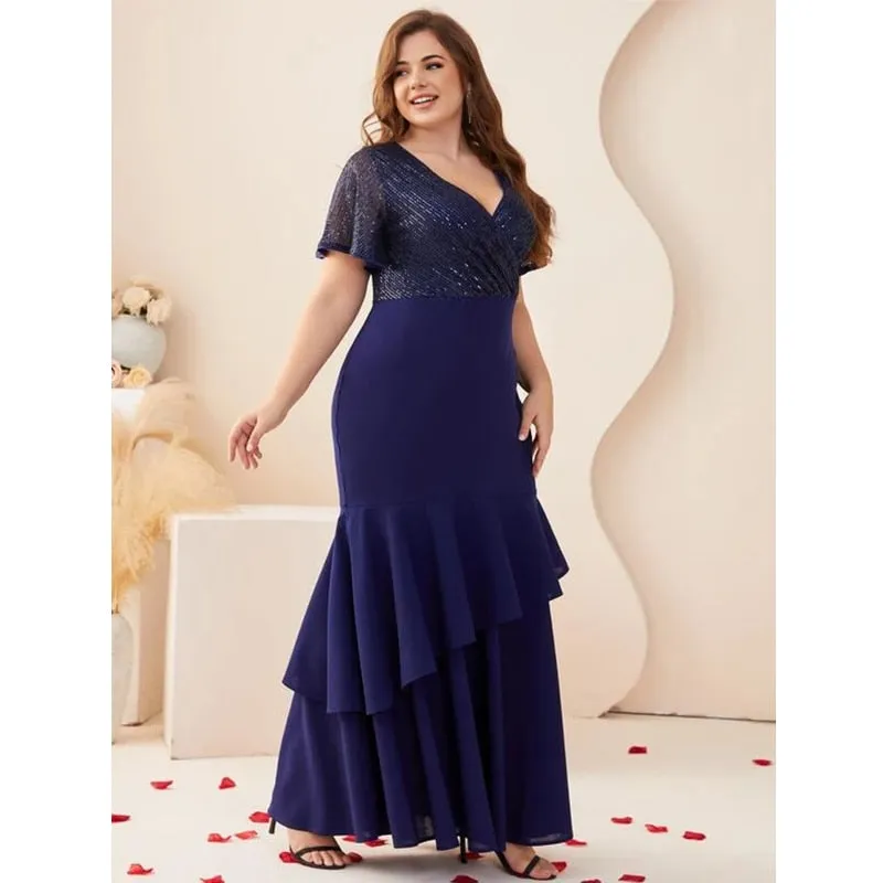 Sequin Short Sleeve V Neck Fishtail Maxi Dress